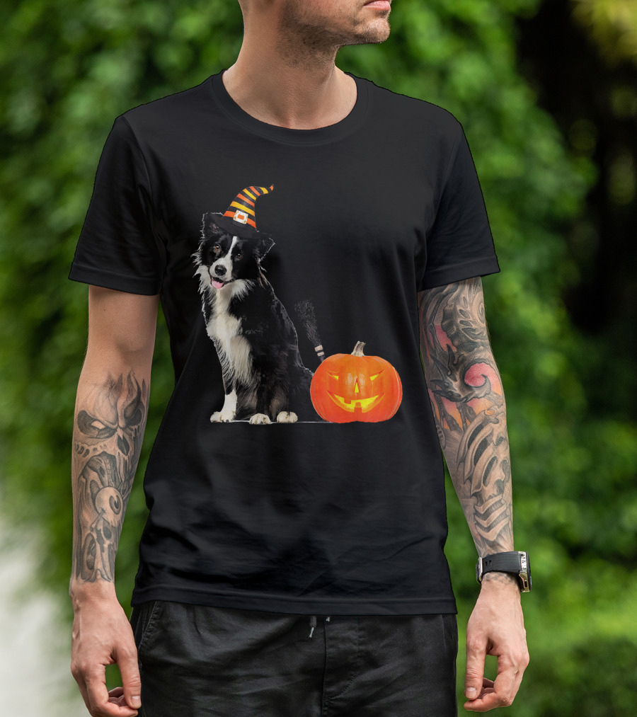 Border Collie Witch Hat Halloween Dog Pumpkin T-Shirt