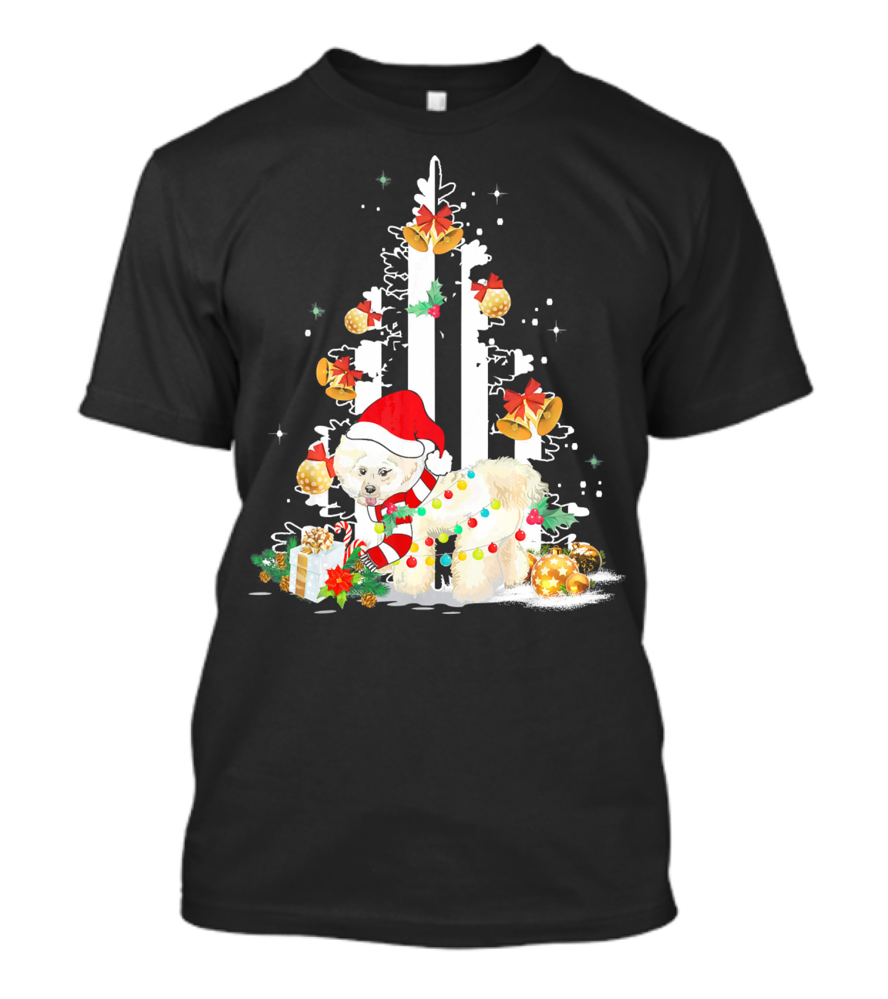 Bichon Frise Santa Hat Christmas Tree Presents USA Fla T-Shirt