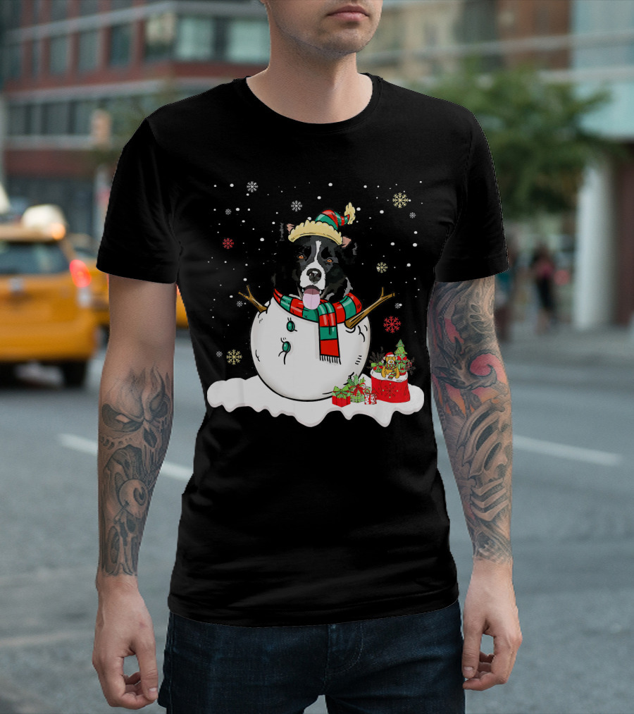 Border Collie Lover Merry Christmas Snowman Scene T-Shirt