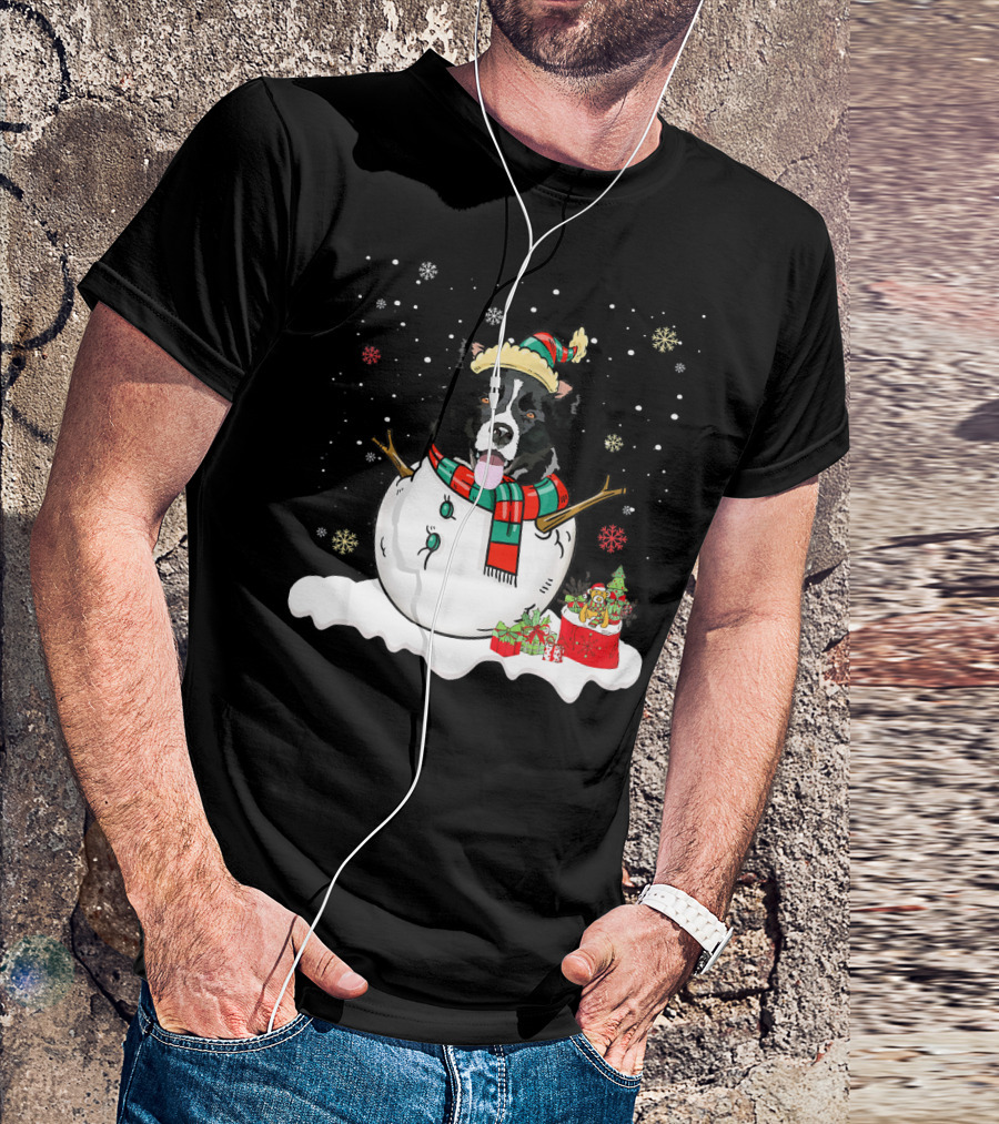 Border Collie Lover Merry Christmas Snowman Scene T-Shirt