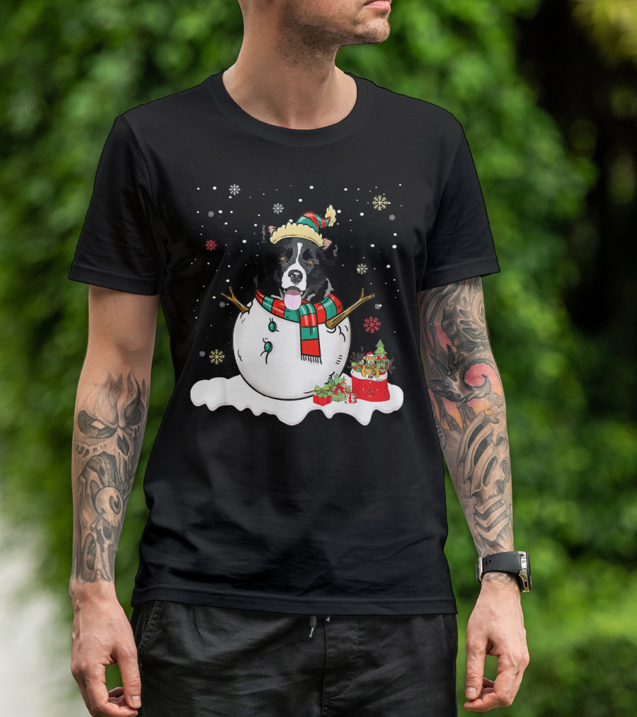 Border Collie Lover Merry Christmas Snowman Scene T-Shirt