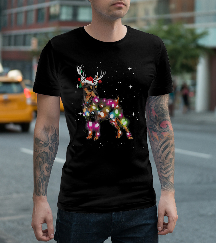 Miniature Pinscher Reindeer with Christmas Lights and Santa Hat T-Shirt