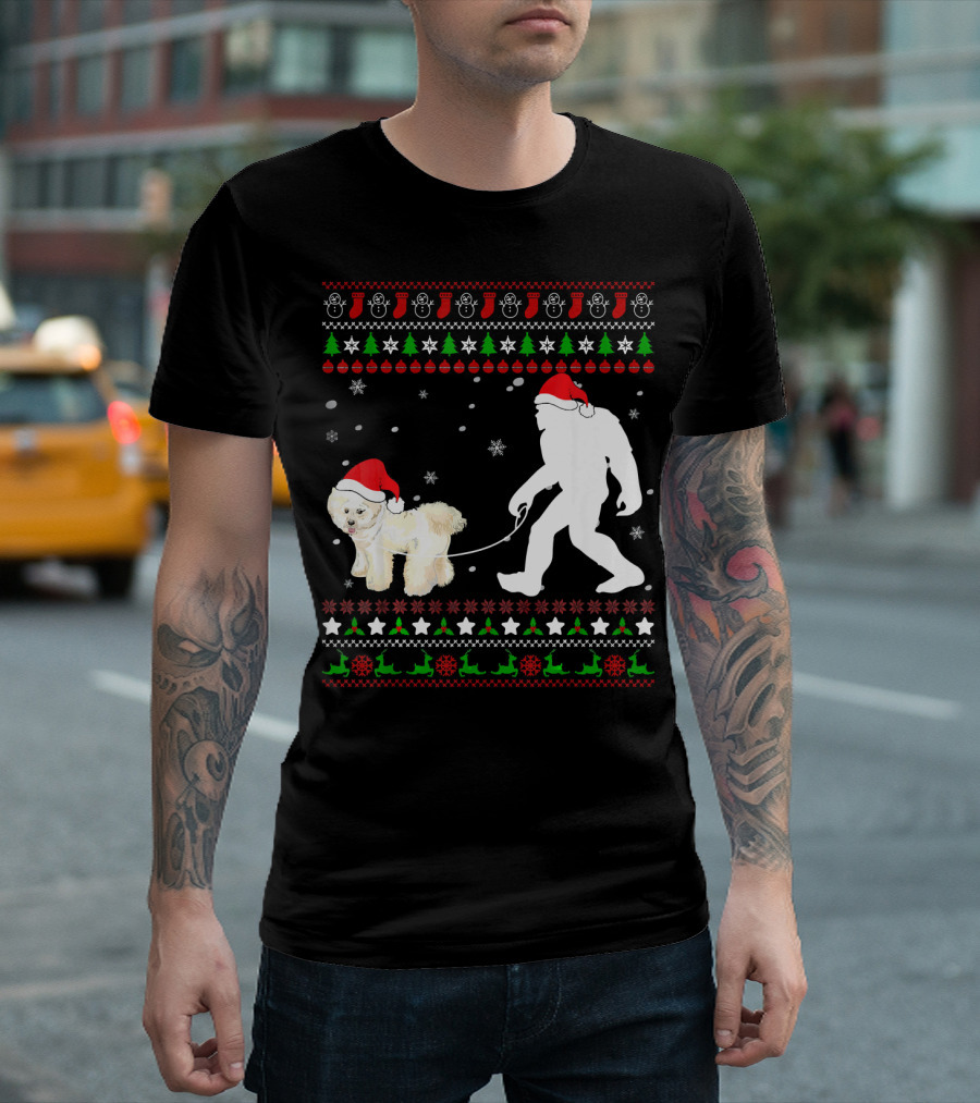 Bichon Frise Walk Bigfoot Christmas Santa Hat Snowflakes Ugly T-Shirt