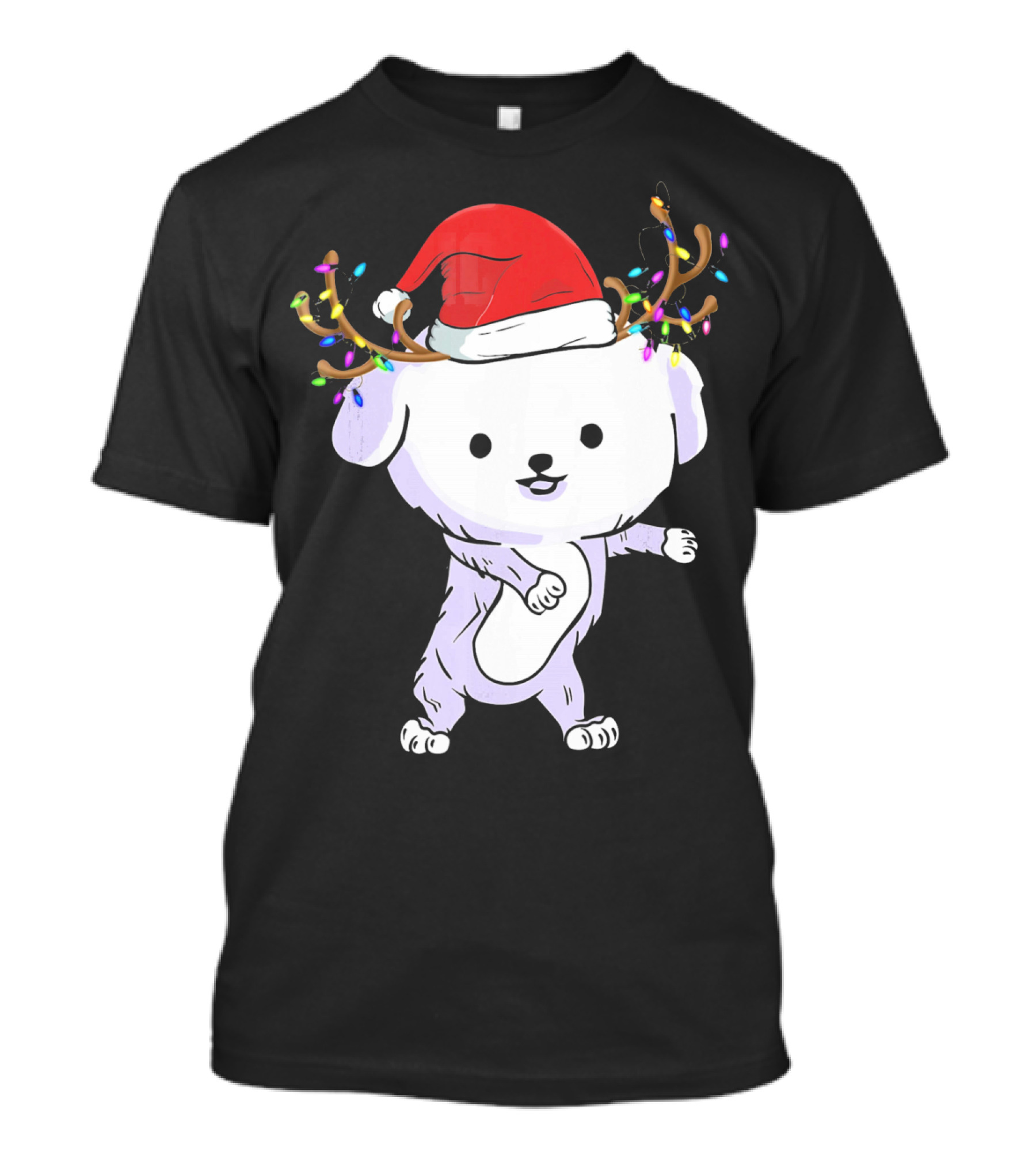 Bichon Frise Wearing Santa Hat And Reindeer Antlers With Christmas Lights T-Shirt