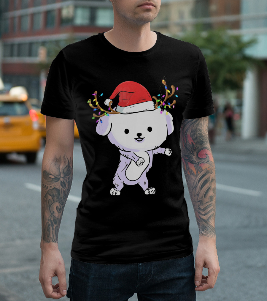 Bichon Frise Wearing Santa Hat And Reindeer Antlers With Christmas Lights T-Shirt