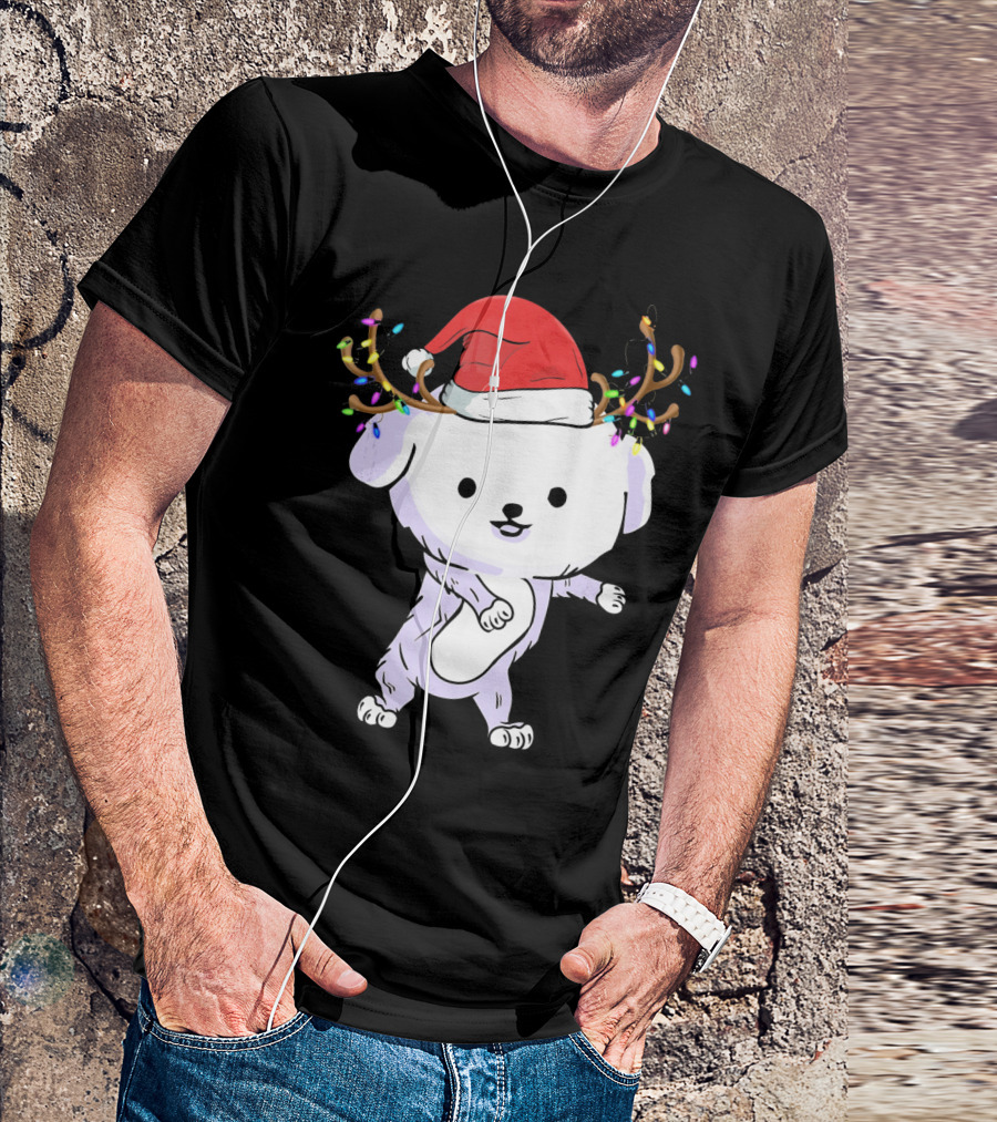 Bichon Frise Wearing Santa Hat And Reindeer Antlers With Christmas Lights T-Shirt