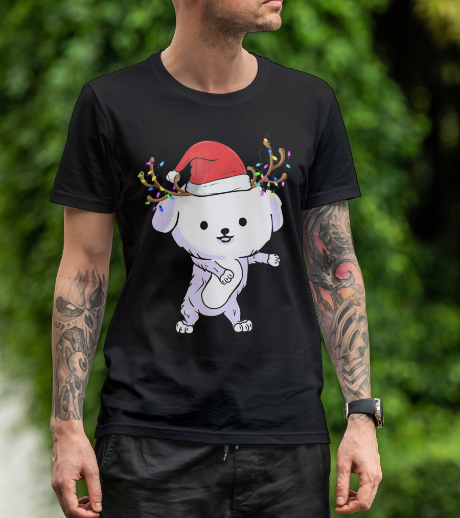 Bichon Frise Wearing Santa Hat And Reindeer Antlers With Christmas Lights T-Shirt