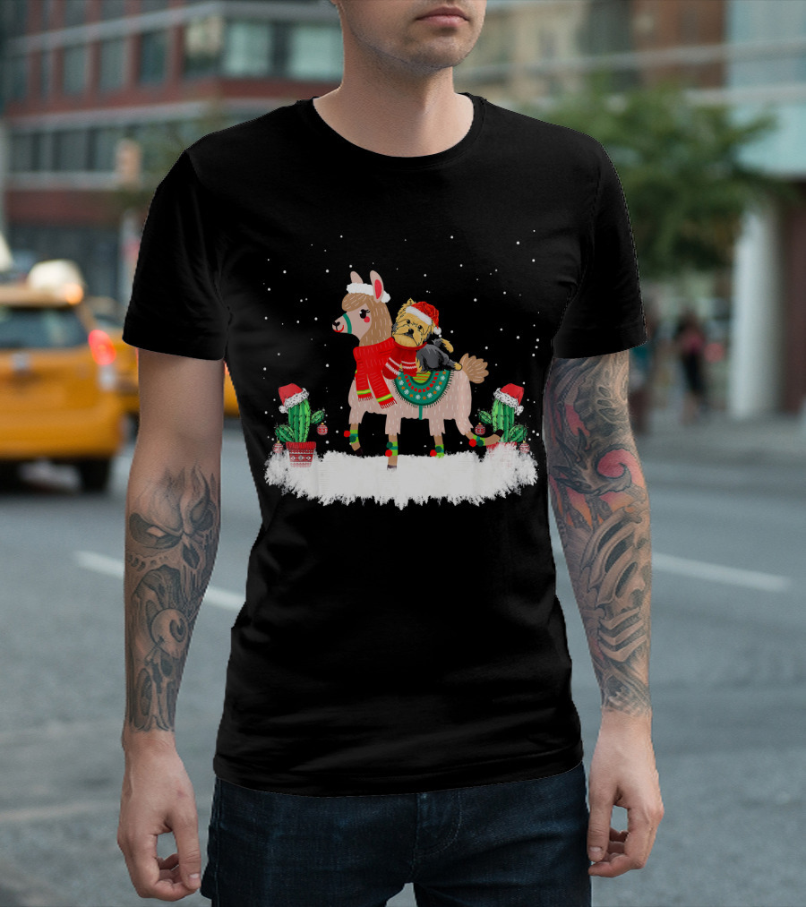 Yorkshire Terrier in Santa Hat Riding Festive Llama with Christmas Cactus T-Shirt