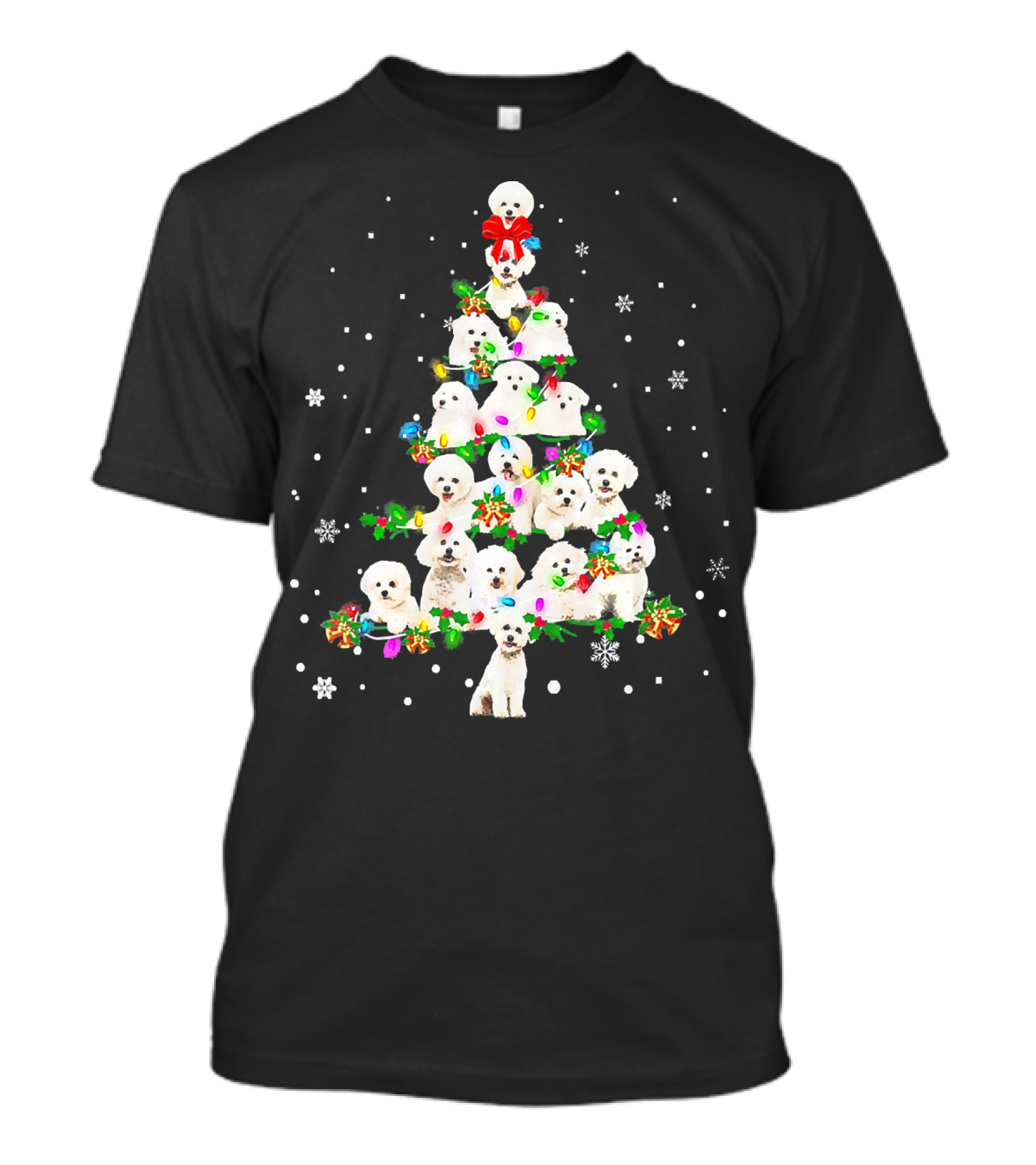 Cute Bichon Frise Dog Holiday Christmas Tree With Snowflakes And Festive Decorations T-Shirt