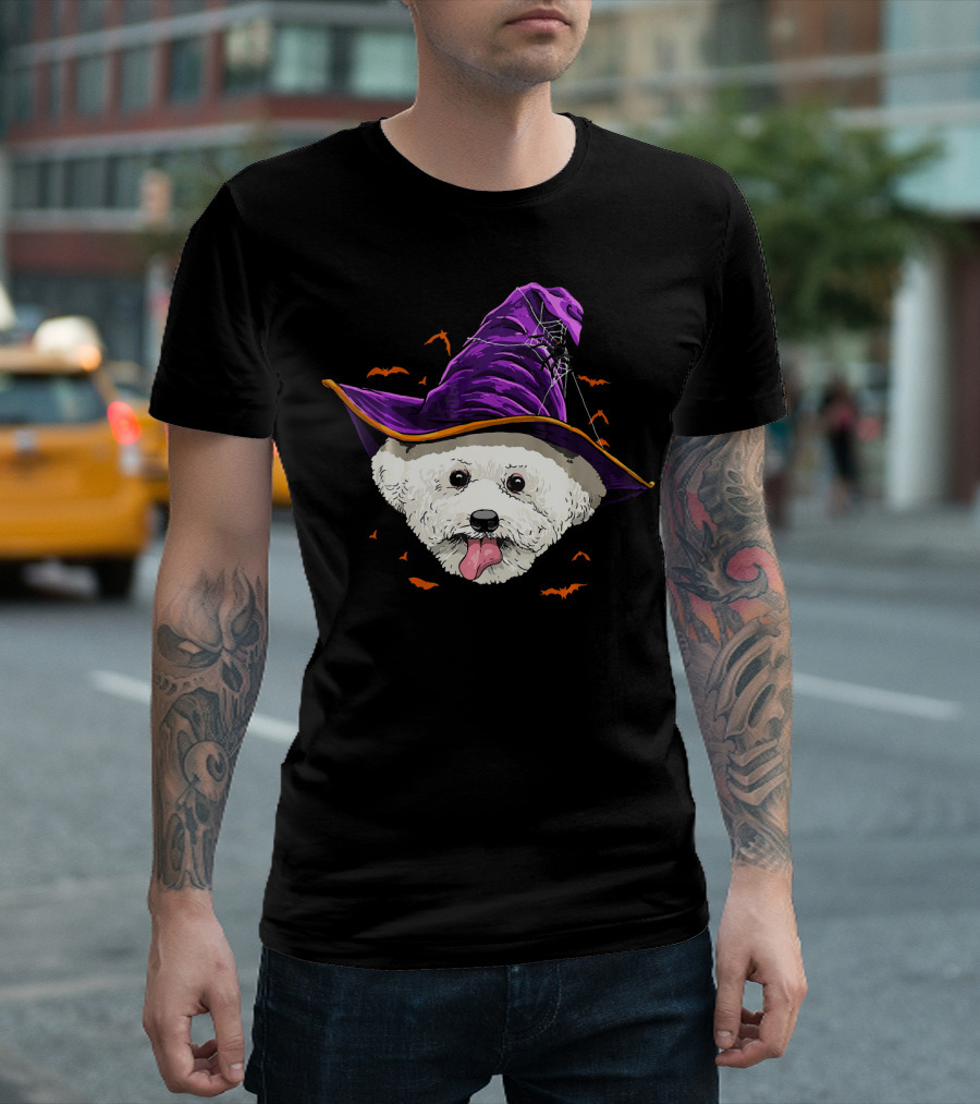 Bichon Frise in Purple Witch Hat with Bats T-Shirt