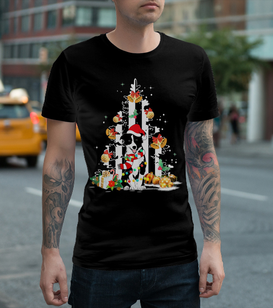 Border Collie Santa Hat Christmas Tree Gifts USA T-Shirt