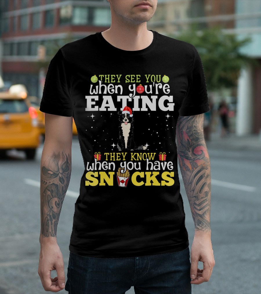 They See You When You're Eating They Know When You Have Snacks Border Collie Dog Christmas T-Shirt