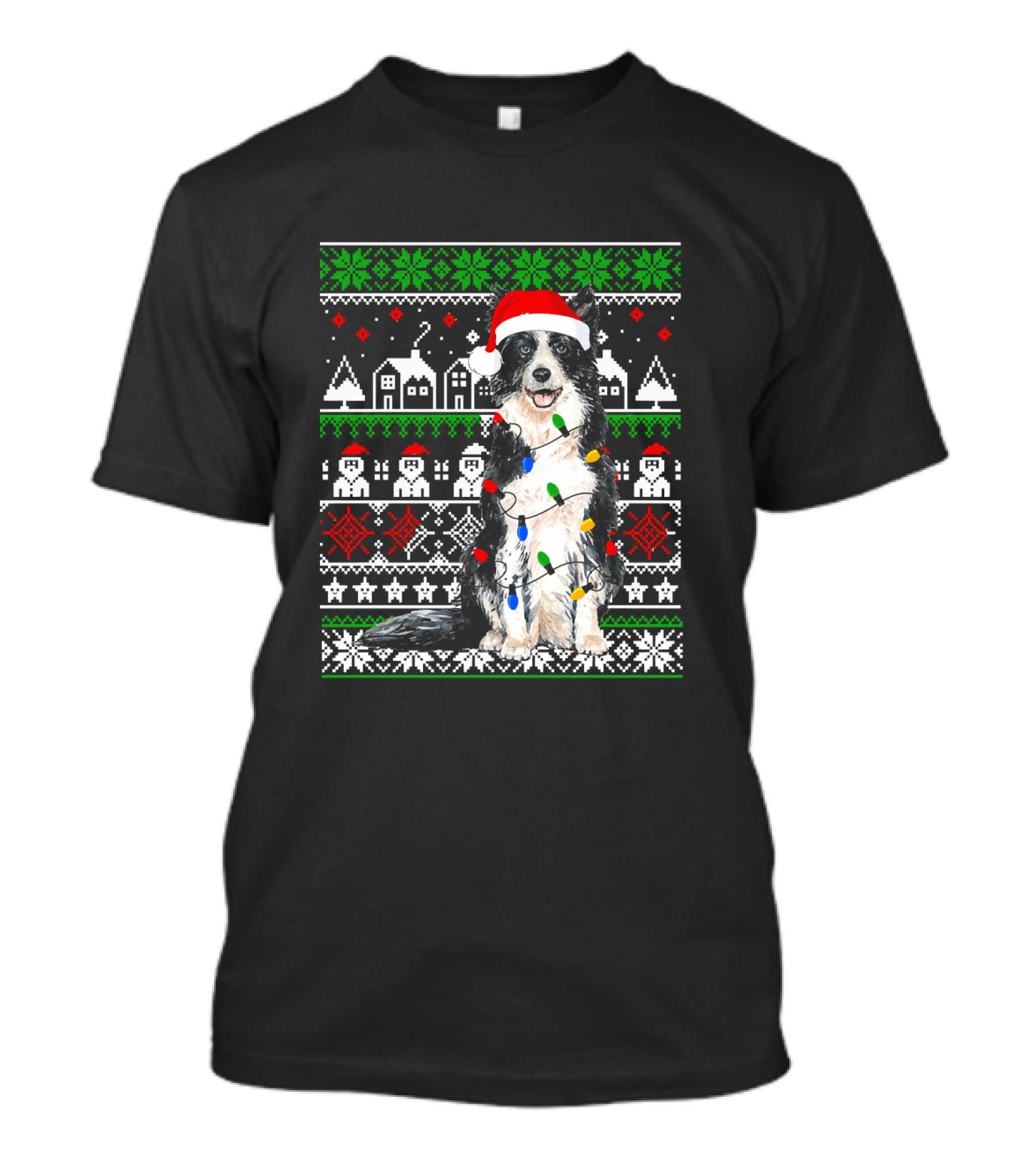 Border Collie Christmas Lights Santa Hat Festive T-Shirt