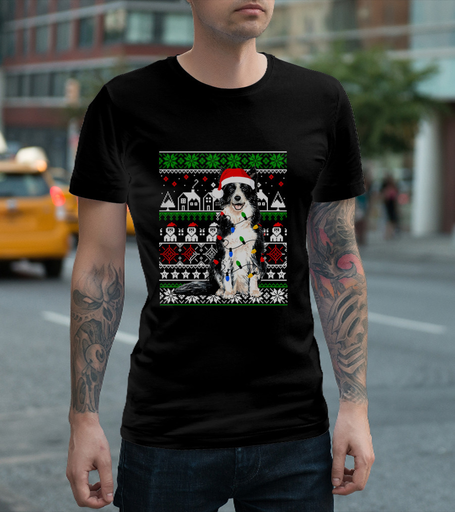 Border Collie Christmas Lights Santa Hat Festive T-Shirt
