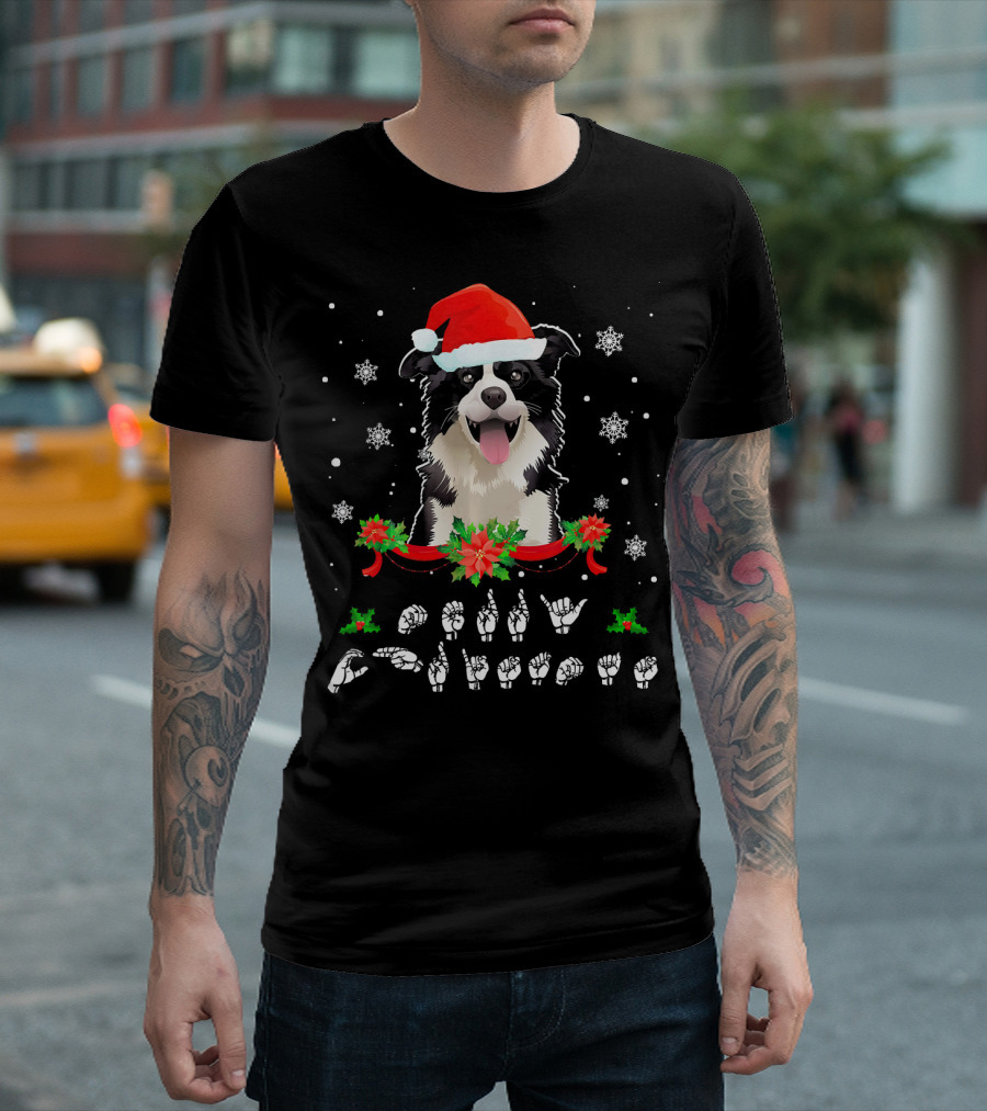 Border Collie Santa Christmas ASL Sign Language Snowflakes T-Shirt