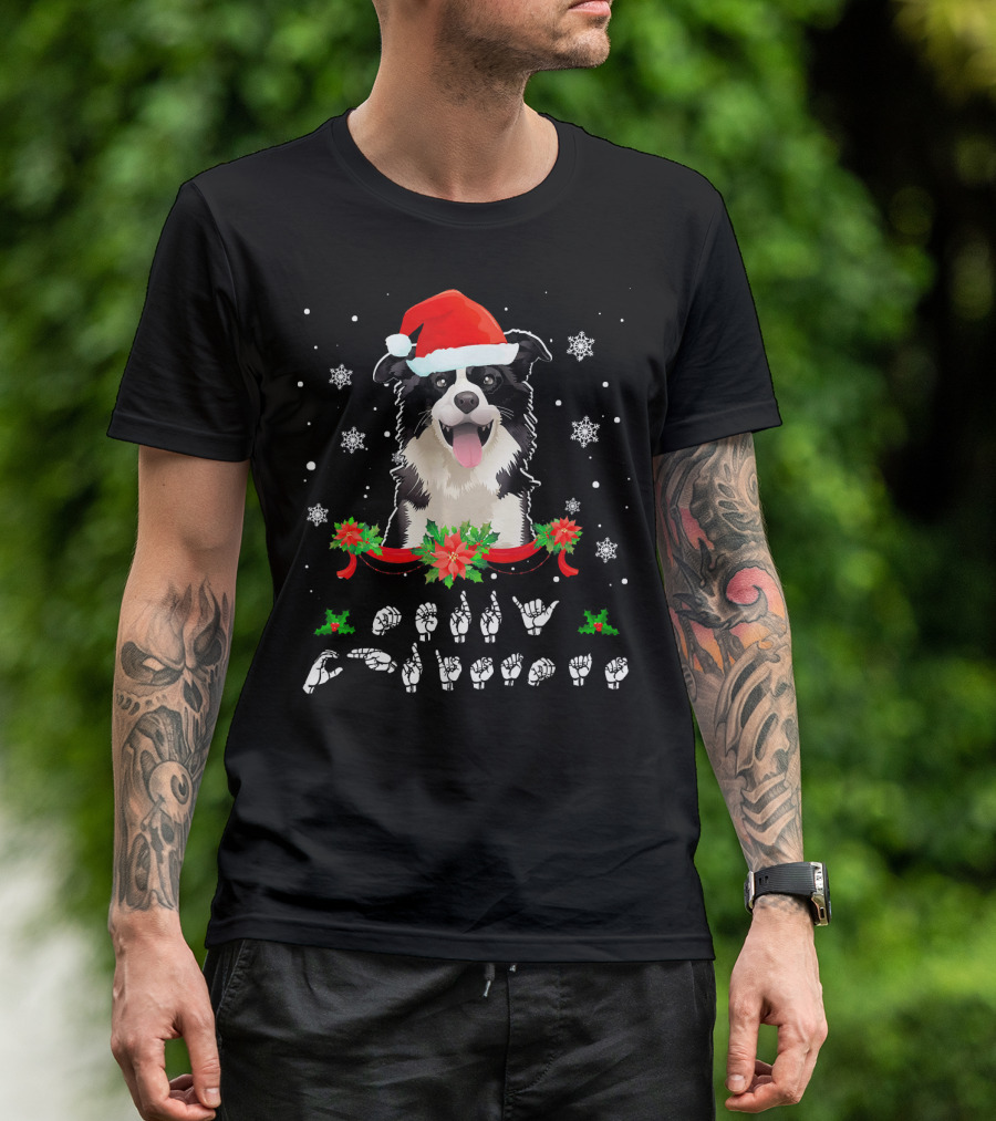 Border Collie Santa Christmas ASL Sign Language Snowflakes T-Shirt