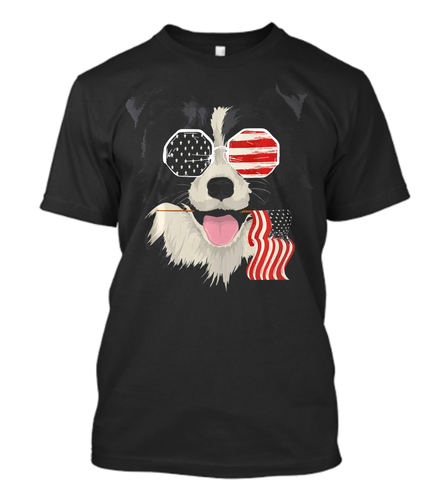 Border Collie Dog Lover With American Flag Glasses And Flag In Mouth T-Shirt