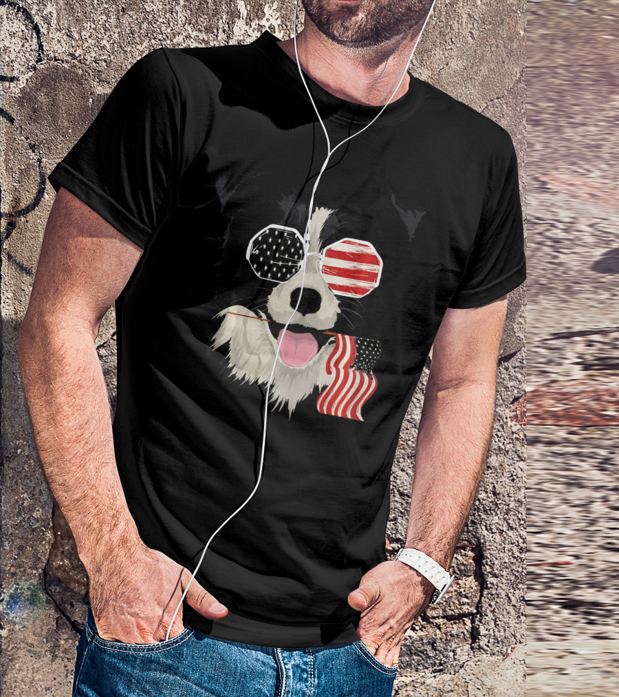Border Collie Dog Lover With American Flag Glasses And Flag In Mouth T-Shirt