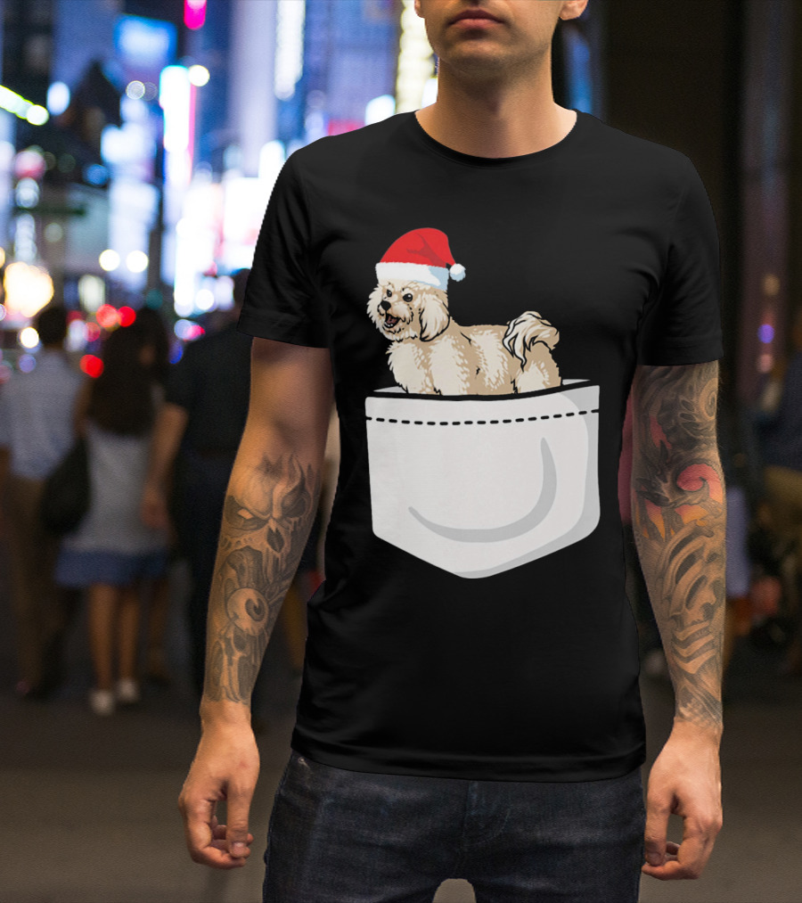 Bichon Frise Christmas Santa Hat Pocket Pup T-Shirt