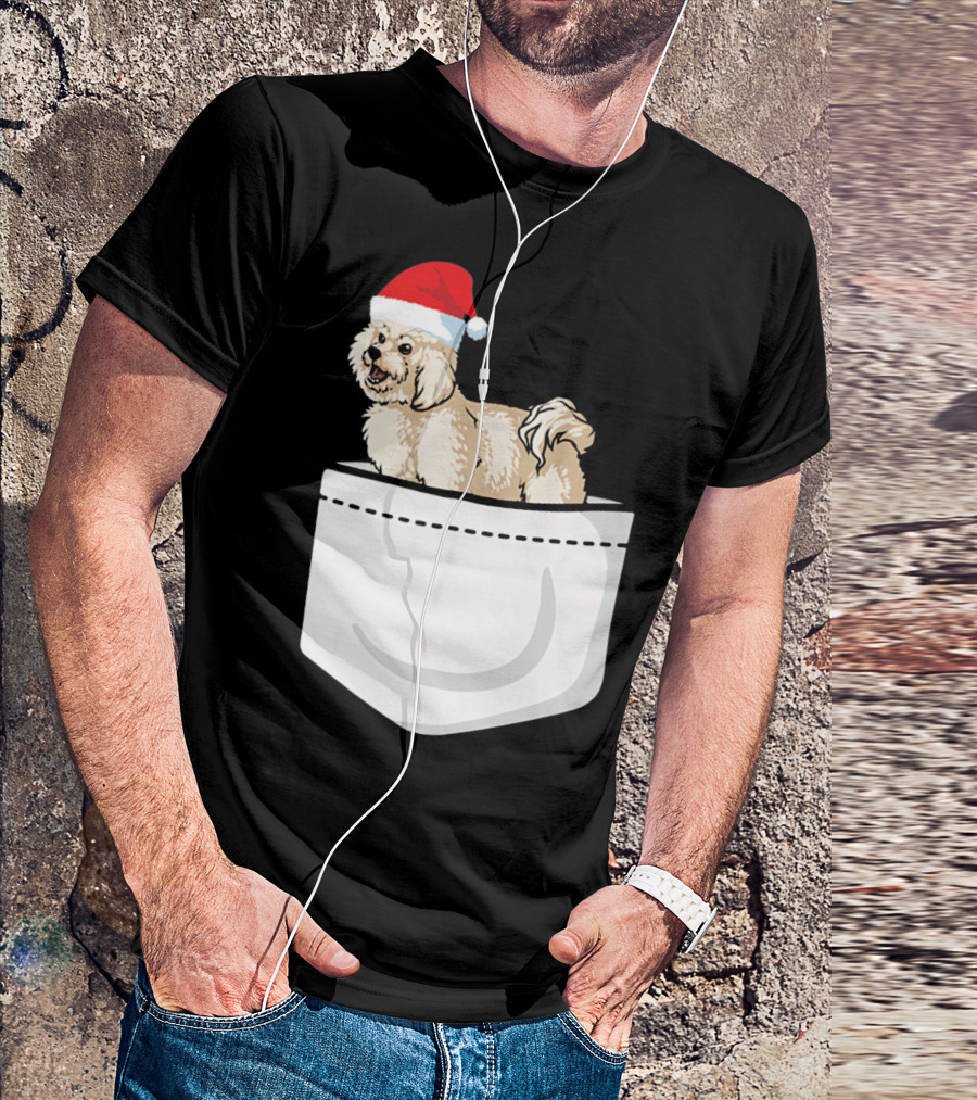 Bichon Frise Christmas Santa Hat Pocket Pup T-Shirt