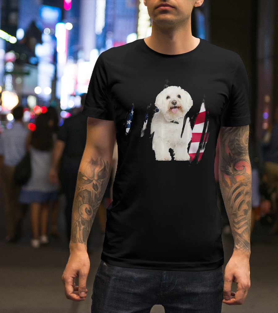 Bichon Frise Dog With USA Flag Background T-Shirt