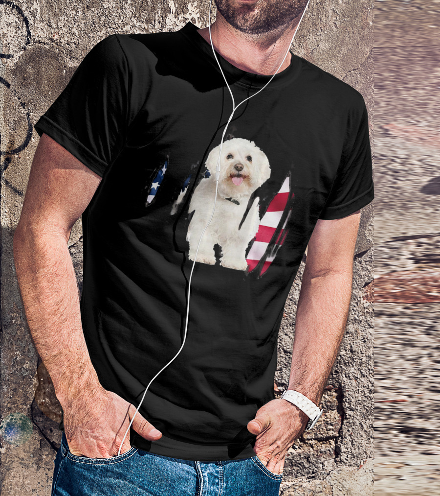 Bichon Frise Dog With USA Flag Background T-Shirt