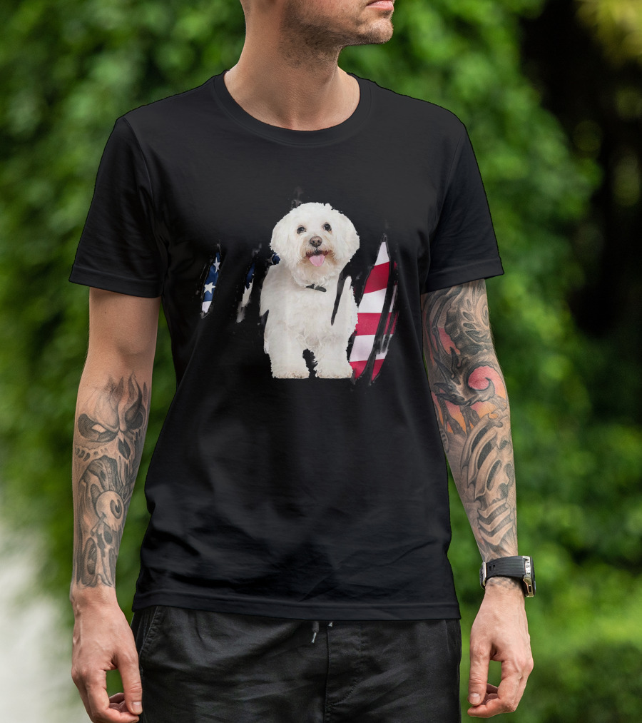 Bichon Frise Dog With USA Flag Background T-Shirt