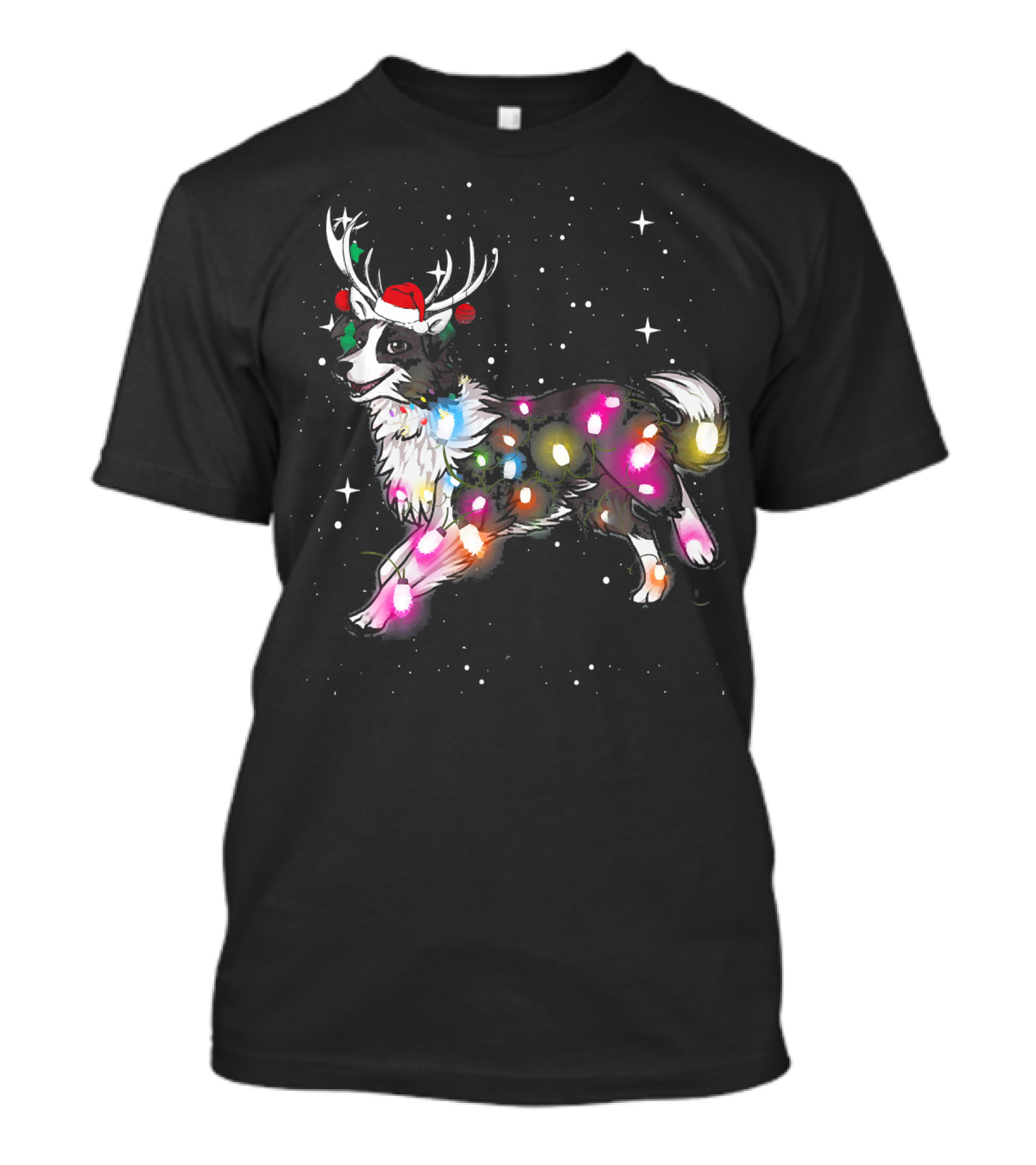 Holiday Reindeer Border Collie With Christmas Lights And Santa Hat In Snowflakes T-Shirt