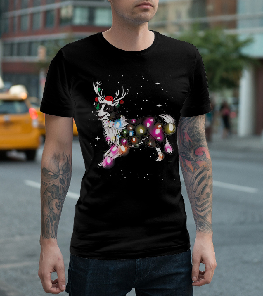 Holiday Reindeer Border Collie With Christmas Lights And Santa Hat In Snowflakes T-Shirt