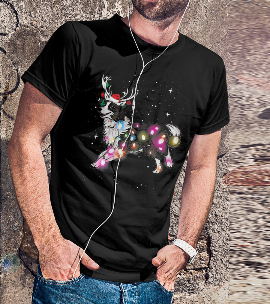 Holiday Reindeer Border Collie With Christmas Lights And Santa Hat In Snowflakes T-Shirt