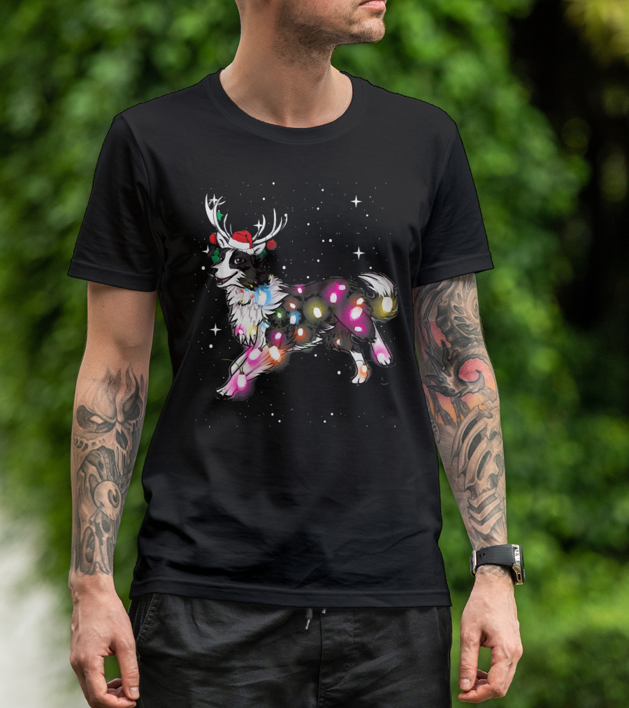 Holiday Reindeer Border Collie With Christmas Lights And Santa Hat In Snowflakes T-Shirt