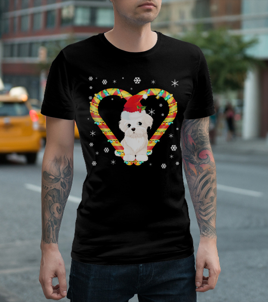 Bichon Frise Christmas Santa Hat Heart Candy Cane Snowflakes T-Shirt