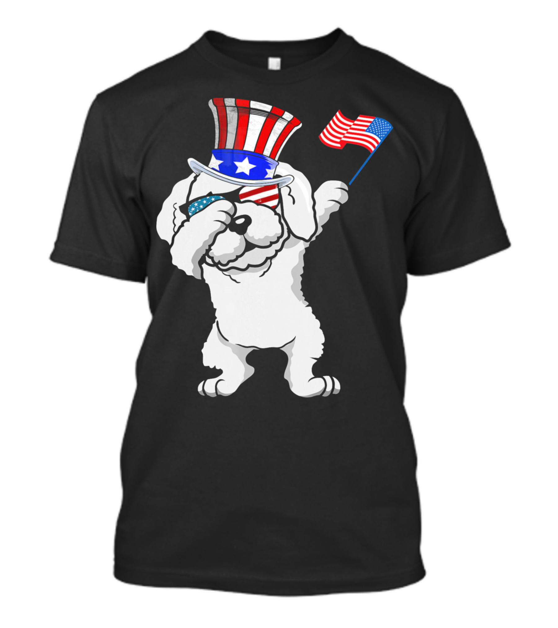 Bichon Frise Dabbing Dog Dad Patriotic Celebration With American Flag And Uncle Sam Hat T-Shirt