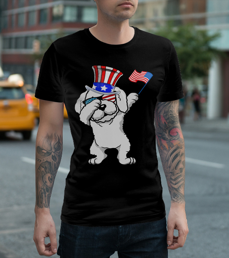 Bichon Frise Dabbing Dog Dad Patriotic Celebration With American Flag And Uncle Sam Hat T-Shirt