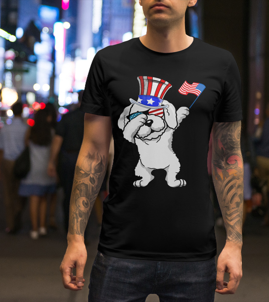 Bichon Frise Dabbing Dog Dad Patriotic Celebration With American Flag And Uncle Sam Hat T-Shirt
