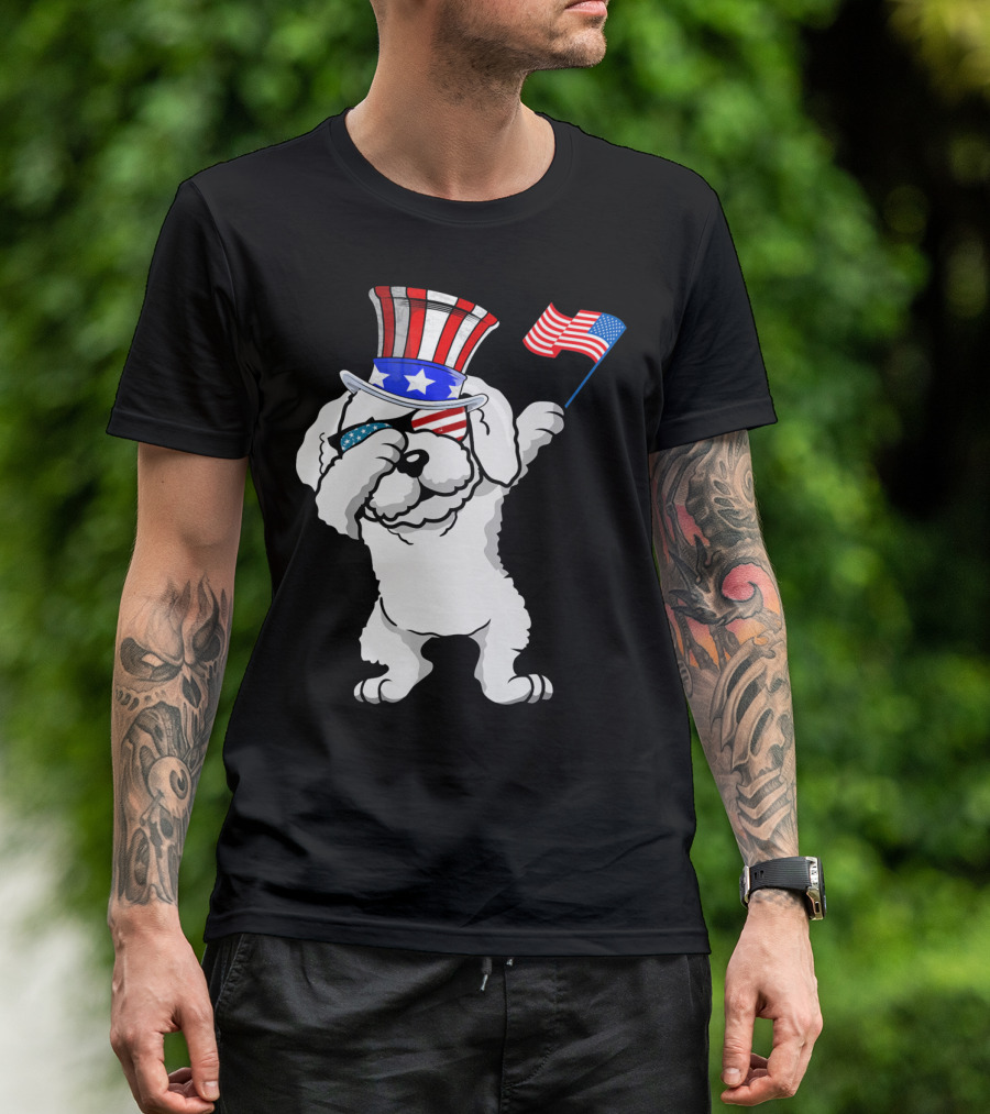 Bichon Frise Dabbing Dog Dad Patriotic Celebration With American Flag And Uncle Sam Hat T-Shirt