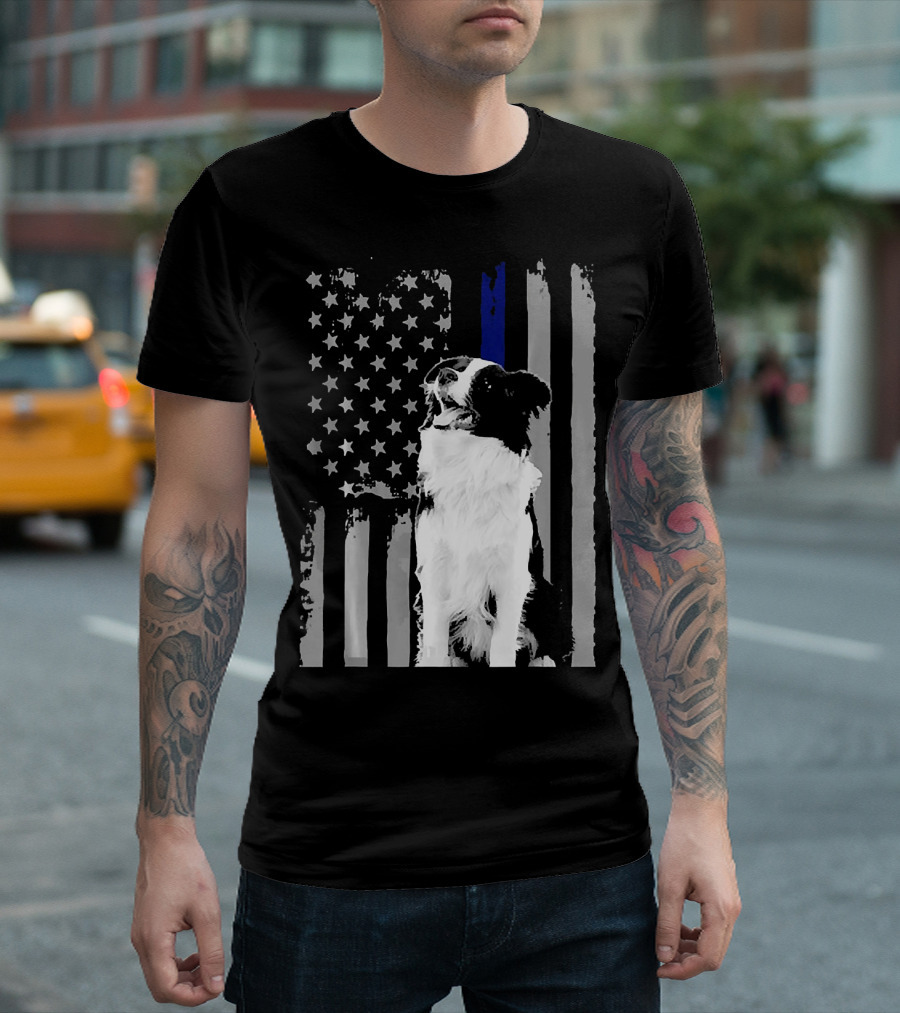 BORDER COLLIE FLAG Funny Ameri Thin Blue Line USA Dog T-Shirt