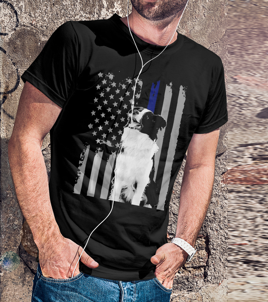 BORDER COLLIE FLAG Funny Ameri Thin Blue Line USA Dog T-Shirt