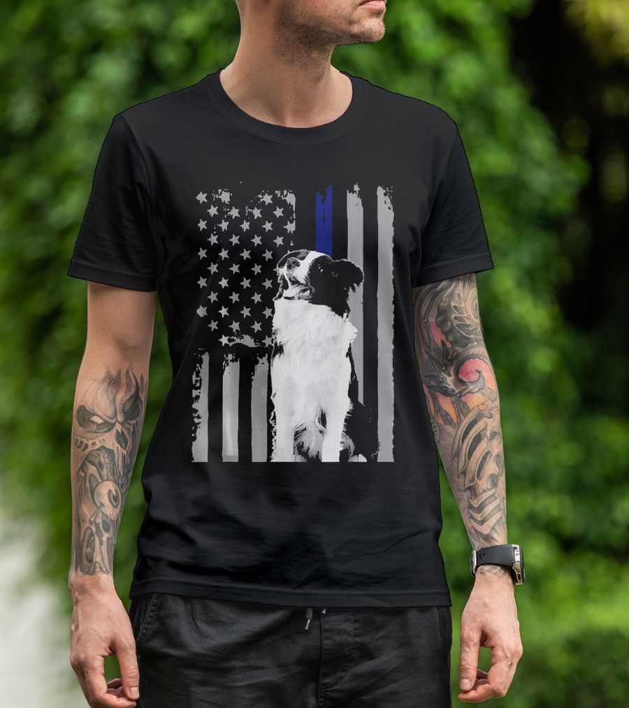 BORDER COLLIE FLAG Funny Ameri Thin Blue Line USA Dog T-Shirt