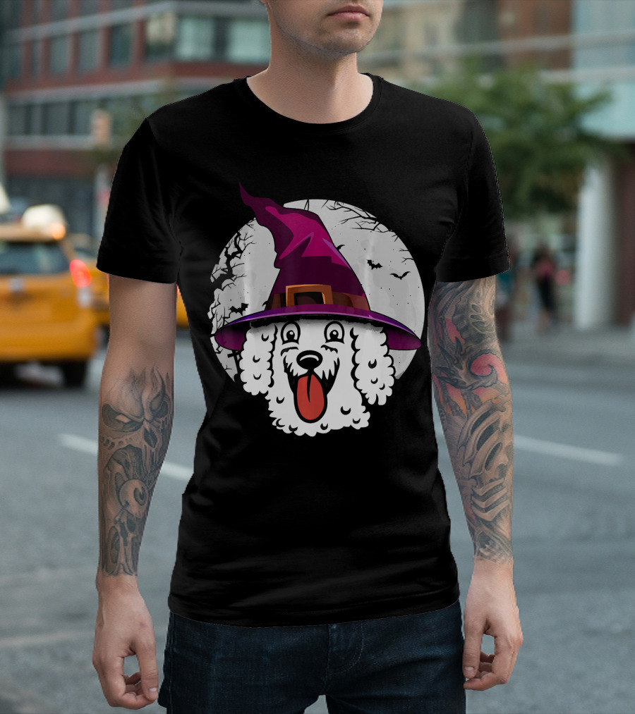 Bichon Frise Halloween Witch Hat Scary Moon Bats T-Shirt