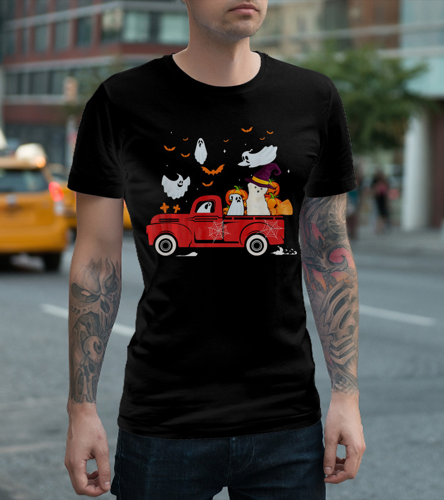 Bichon Frise with Pumpkin and Ghosts in Red Truck Halloween Scene T-Shirt
