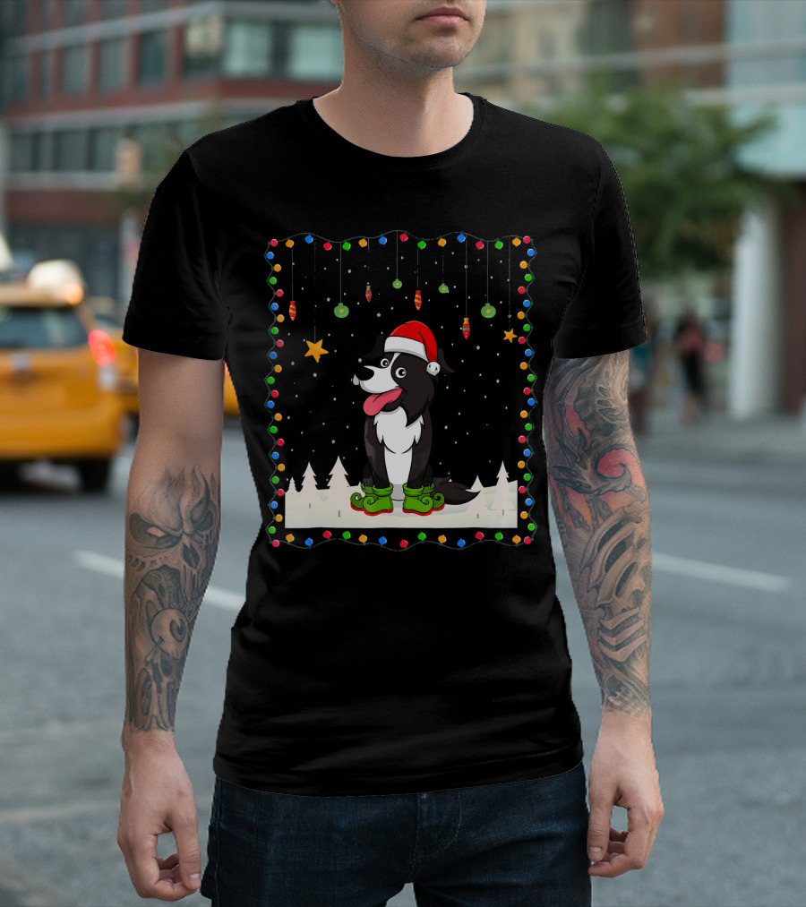 Border Collie in Santa Hat with Christmas Lights and Ornaments T-Shirt