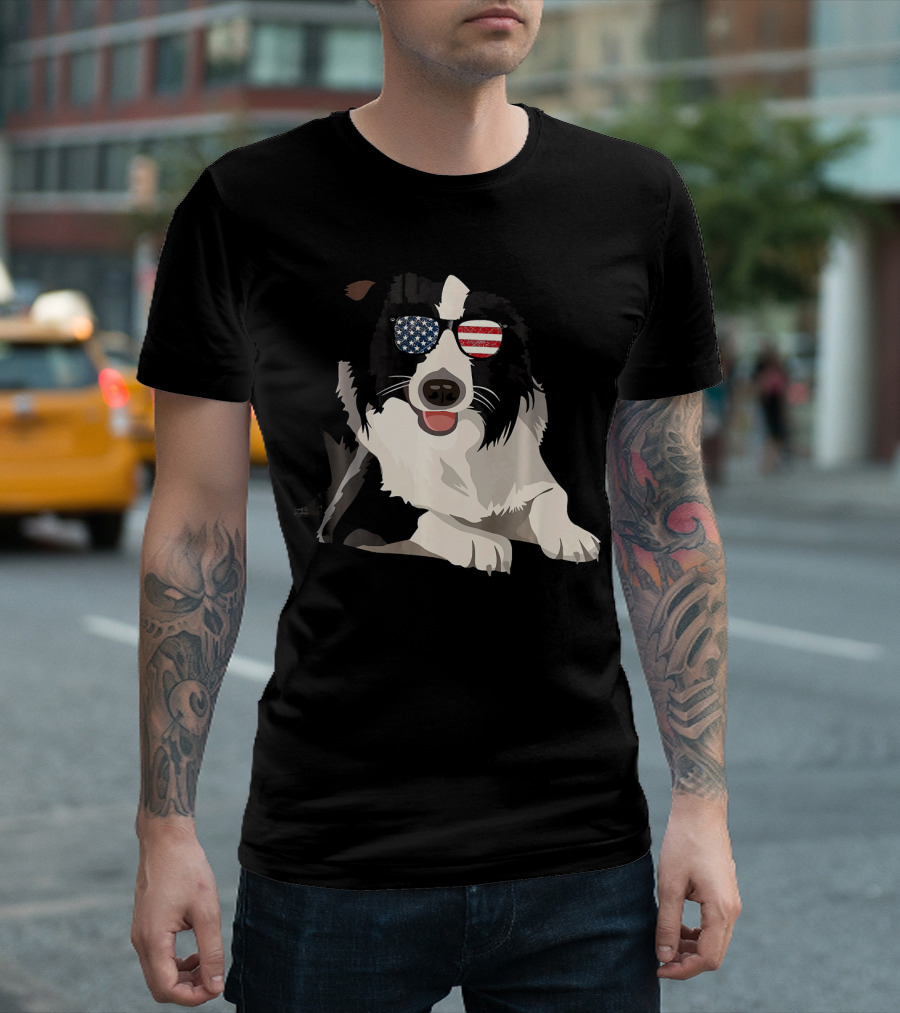 Border Collie Wearing American Flag Sunglasses T-Shirt