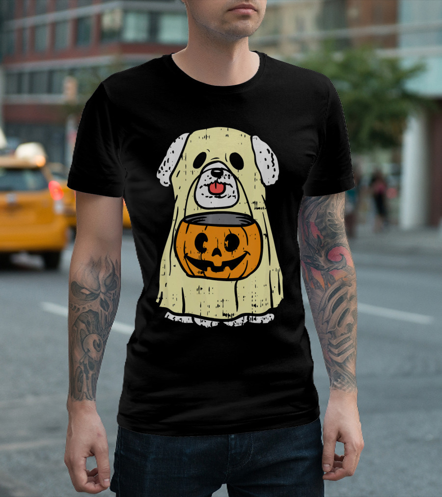 Bichon Frise Ghost Costume with Pumpkin for Funny Halloween T-Shirt