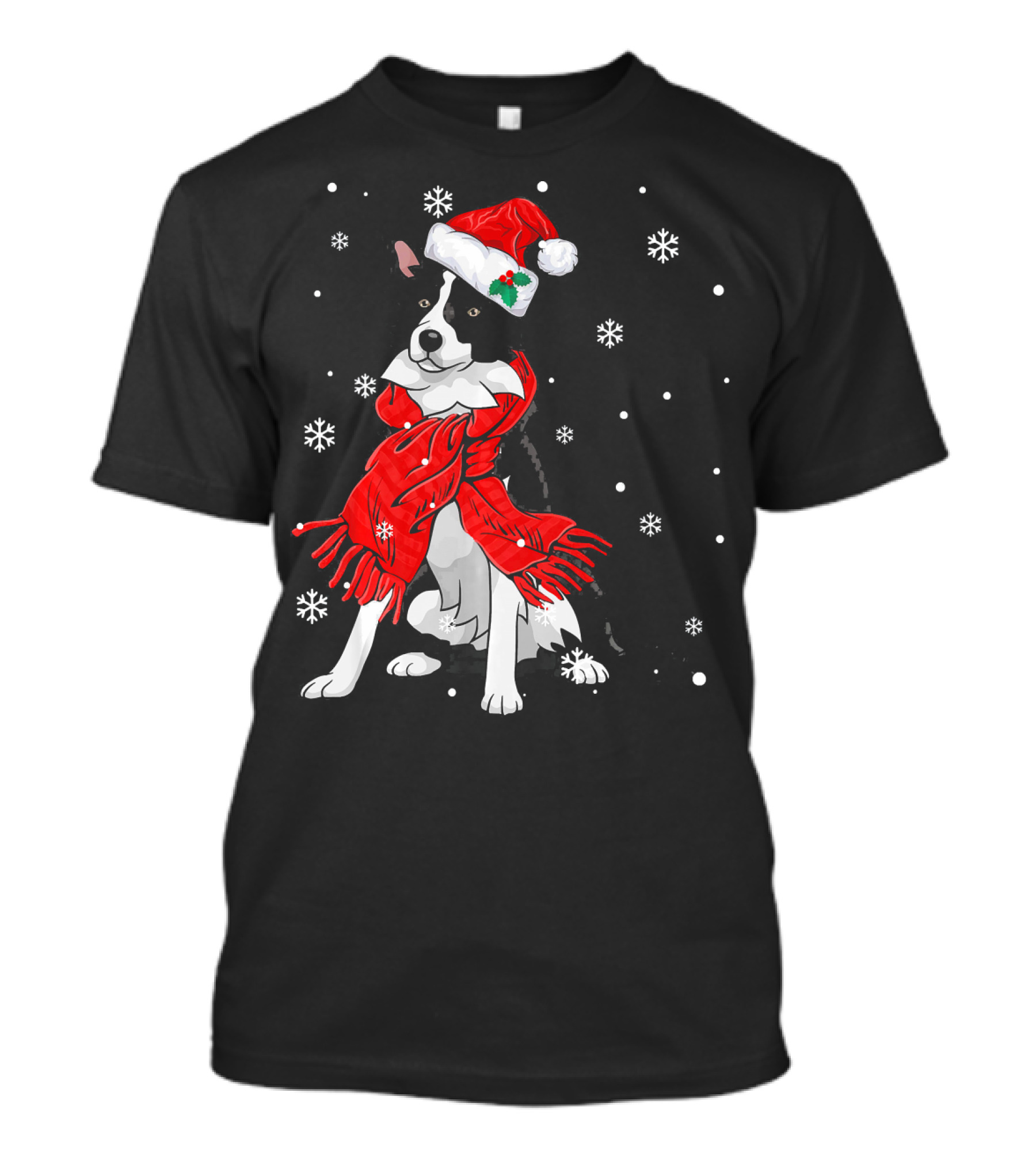 Border Collie Wearing Santa Hat And Red Scarf With Snowflakes T-Shirt