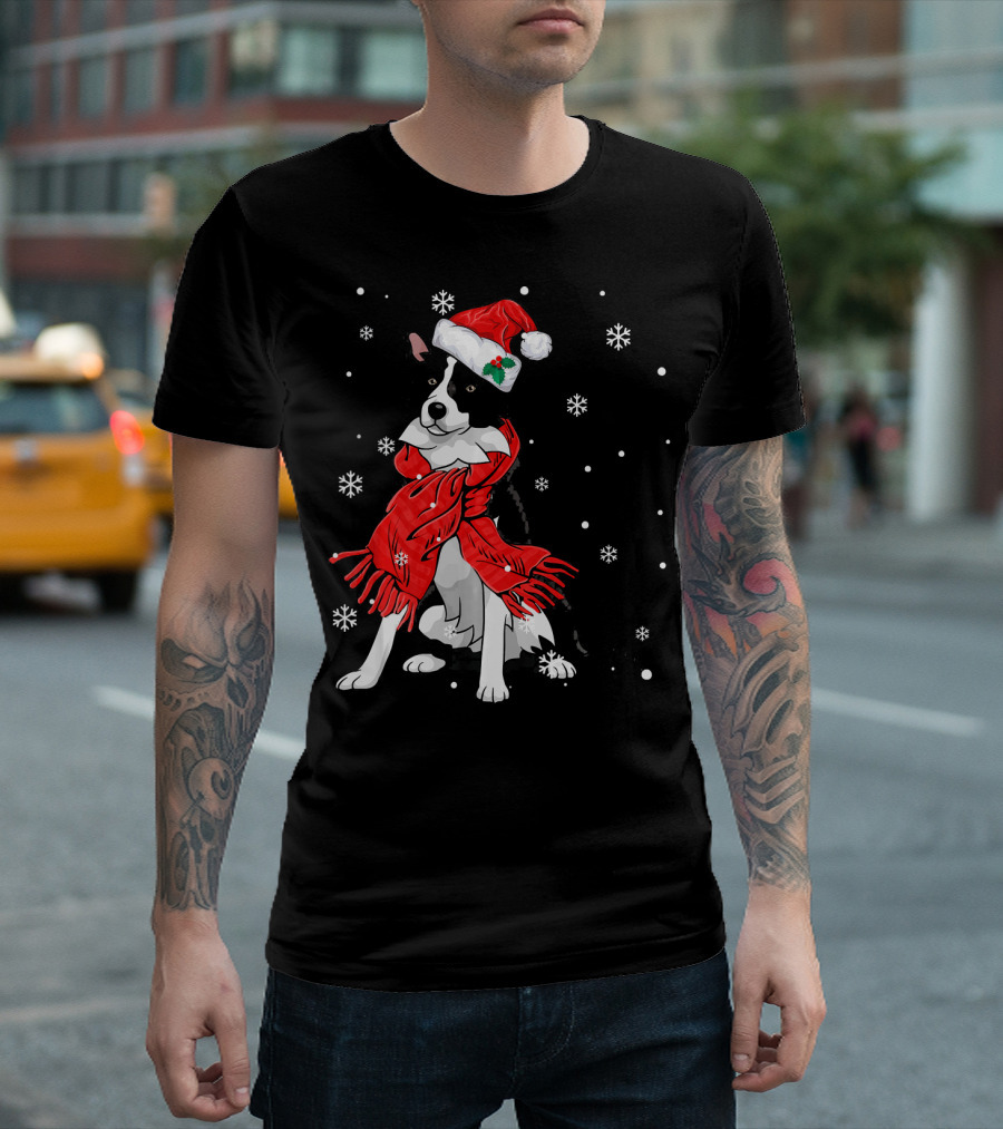 Border Collie Wearing Santa Hat And Red Scarf With Snowflakes T-Shirt
