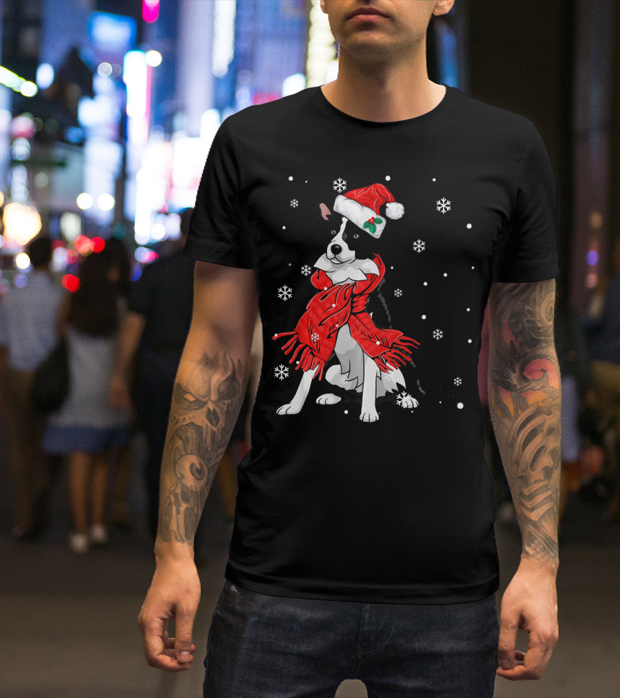 Border Collie Wearing Santa Hat And Red Scarf With Snowflakes T-Shirt
