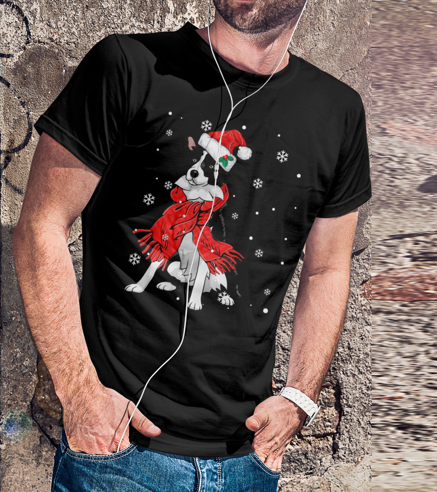 Border Collie Wearing Santa Hat And Red Scarf With Snowflakes T-Shirt