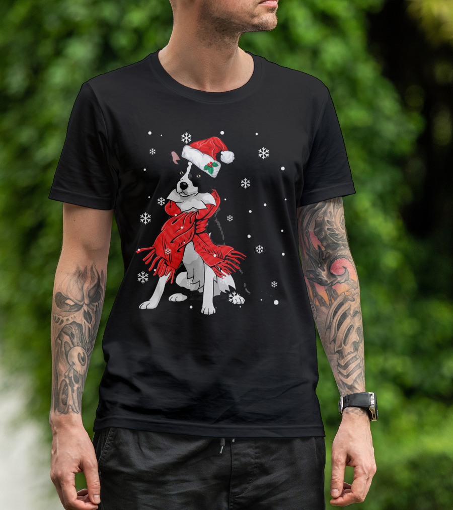 Border Collie Wearing Santa Hat And Red Scarf With Snowflakes T-Shirt