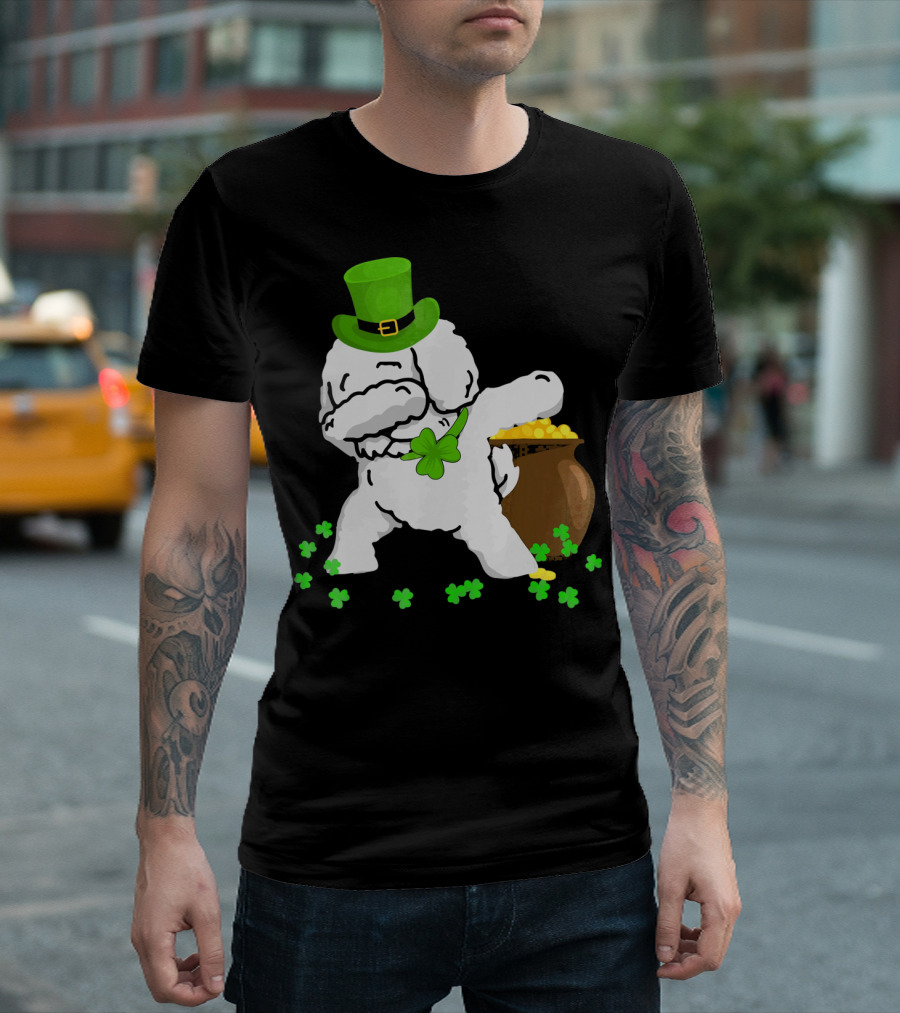 Bichon Frise Dabbing St Patricks Day Shamrock Hat Pot of Gold T-Shirt